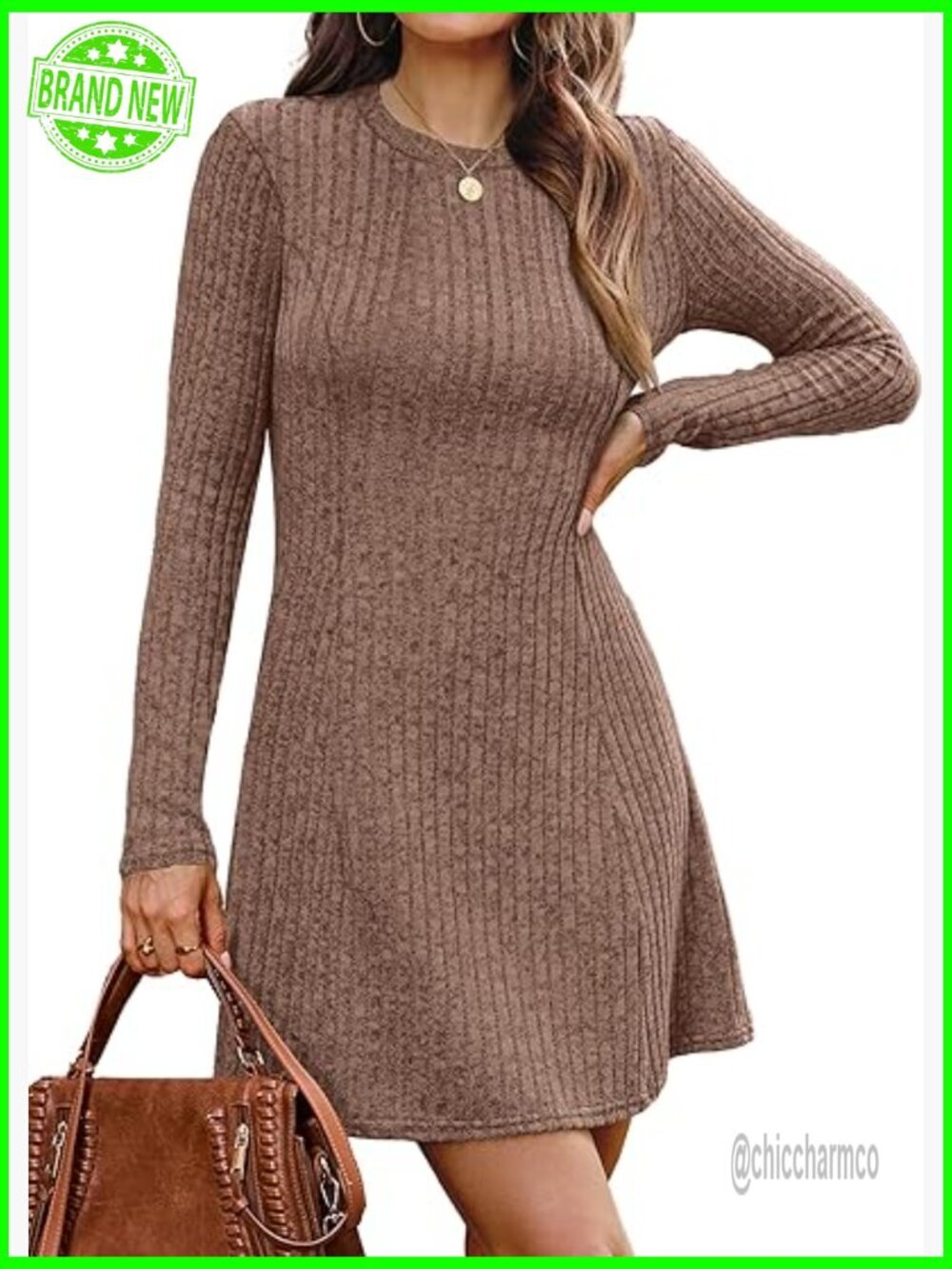 Long Sleeve Crew Neck Sweater Dress Ribbed Knit Pull On